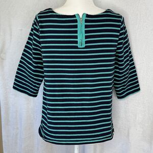 Ann Taylor LOFT Women's LP Navy Blue & Teal Striped 3/4 Sleeve Top Back Zipper